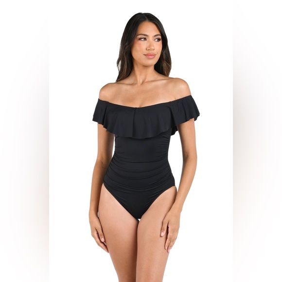 NWT!! La Blanca - Island Goddess Off Shoulder Ruffle One Piece - Black - Size 12 - Picture 1 of 8